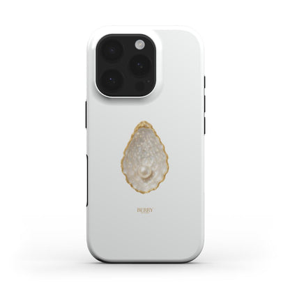 White phone case with a stylish pearly design in gold and multicolored accents, offering a trendy and feminine phone accessory look.