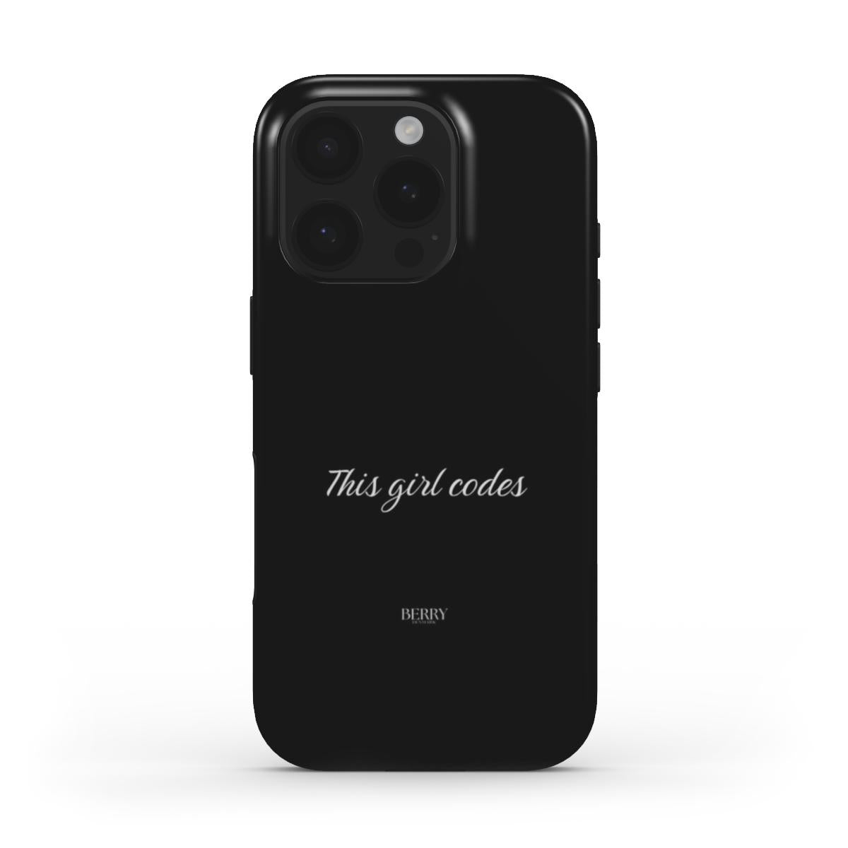 Minimalist black phone case with elegant "This girl codes" text in white, featuring a trendy and feminine aesthetic for a stylish tech accessory.
