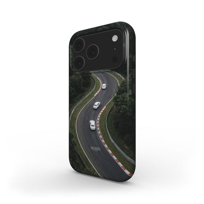 Trendy phone case in green and black with a stylish winding road design, combining aesthetic charm and feminine appeal for a popular, beautiful look.