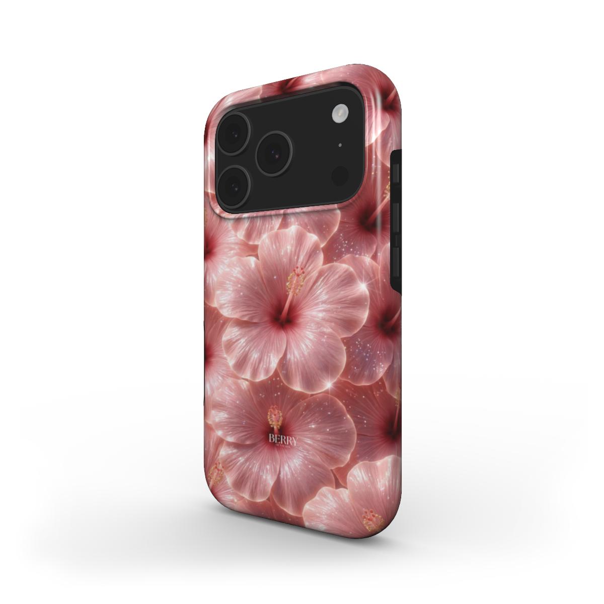 Trendy feminine phone case featuring glossy pink and red hibiscus flowers with a stylish multicolored pattern, perfect for a beautiful girly look.