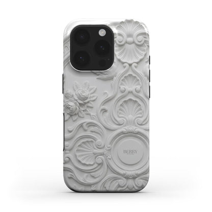 Phone case with elegant ivory stucco inspired relief pattern in white and beige tones, featuring ornate floral and shell motifs for a feminine aesthetic.