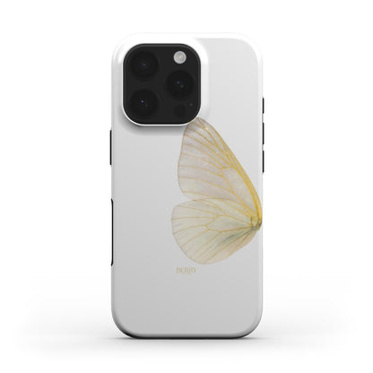 Trendy phone case with a delicate yellow and gold butterfly wing design on a white background, creating a beautiful and feminine look.