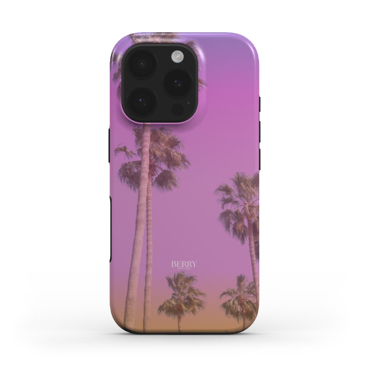 Trendy feminine phone case with a multicolored design featuring orange, pink, and purple hues and a beautiful palm tree pattern for a stylish look.