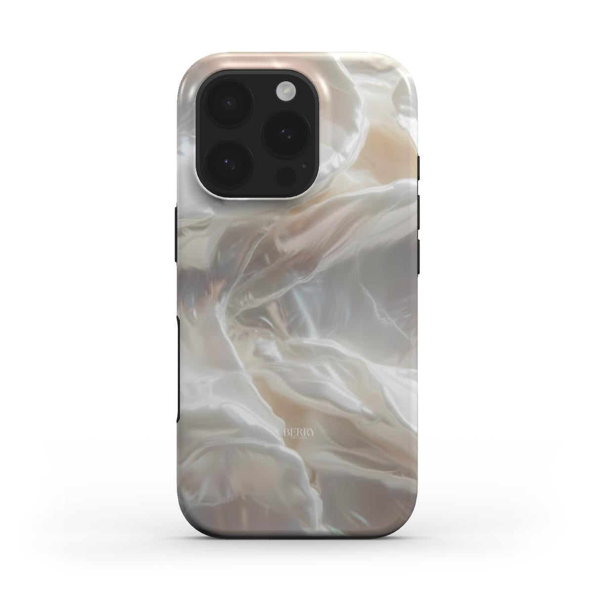 Trendy phone case with a flowing, feminine beige and multicolored pattern creating an elegant and popular aesthetic look.