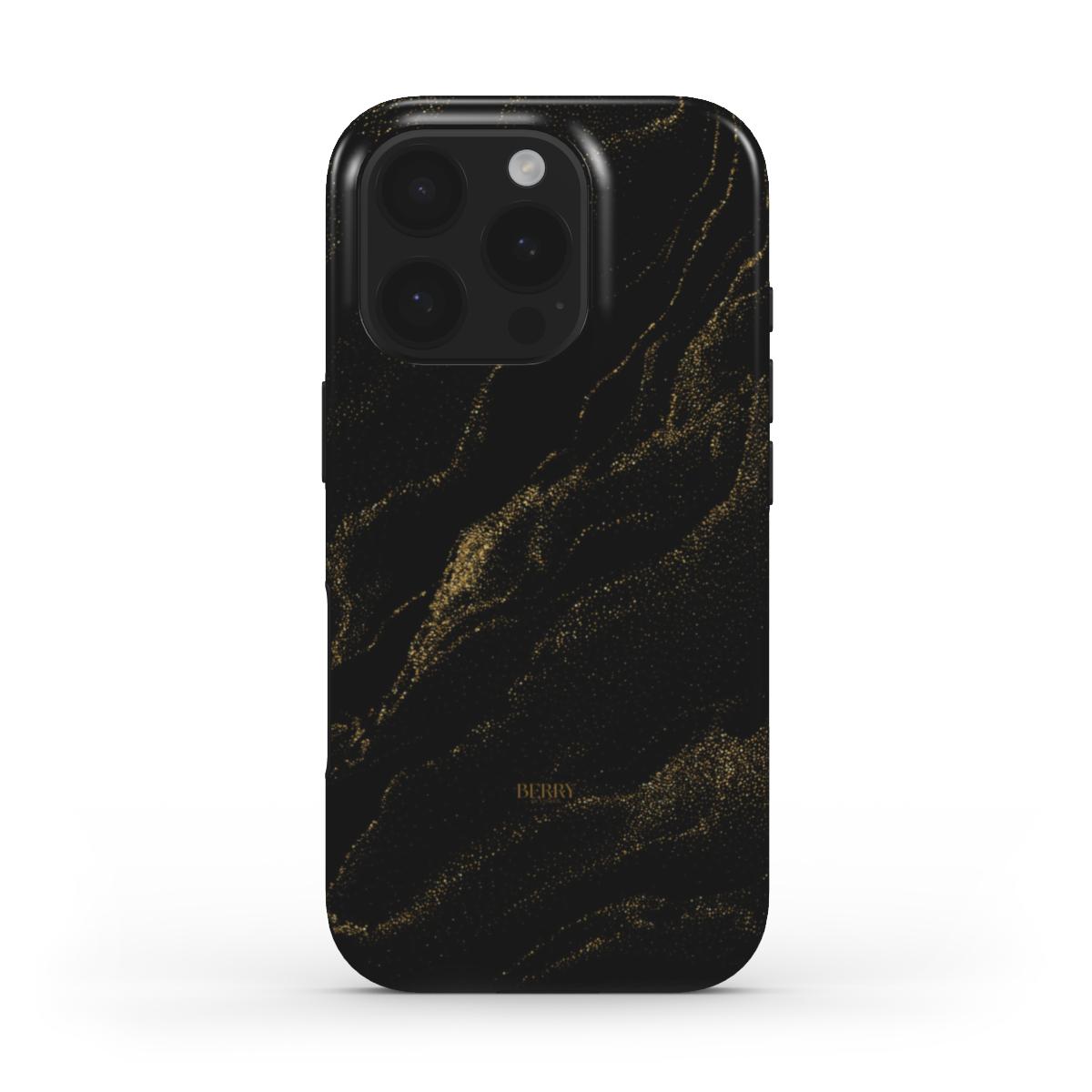 Trendy feminine phone case with elegant gold marble pattern on black, combining aesthetic charm with popular stylish design for that girl vibe.