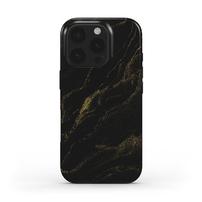 Trendy feminine phone case with elegant gold marble pattern on black, combining aesthetic charm with popular stylish design for that girl vibe.