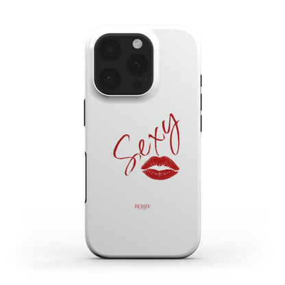 White phone case with red handwritten word "Sexy" and red lip print, featuring a trendy, girly, and feminine design with multicolored accents.