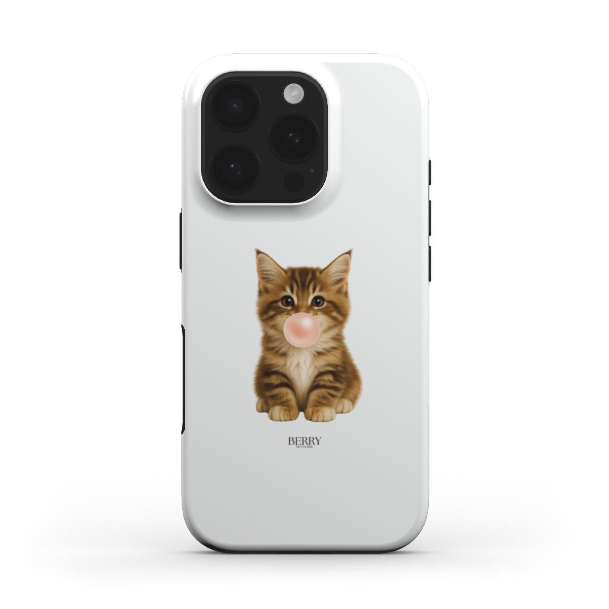 Trendy phone case featuring a cute tabby kitten blowing a pink bubble, with a feminine and playful vibe in soft beige and brown tones.