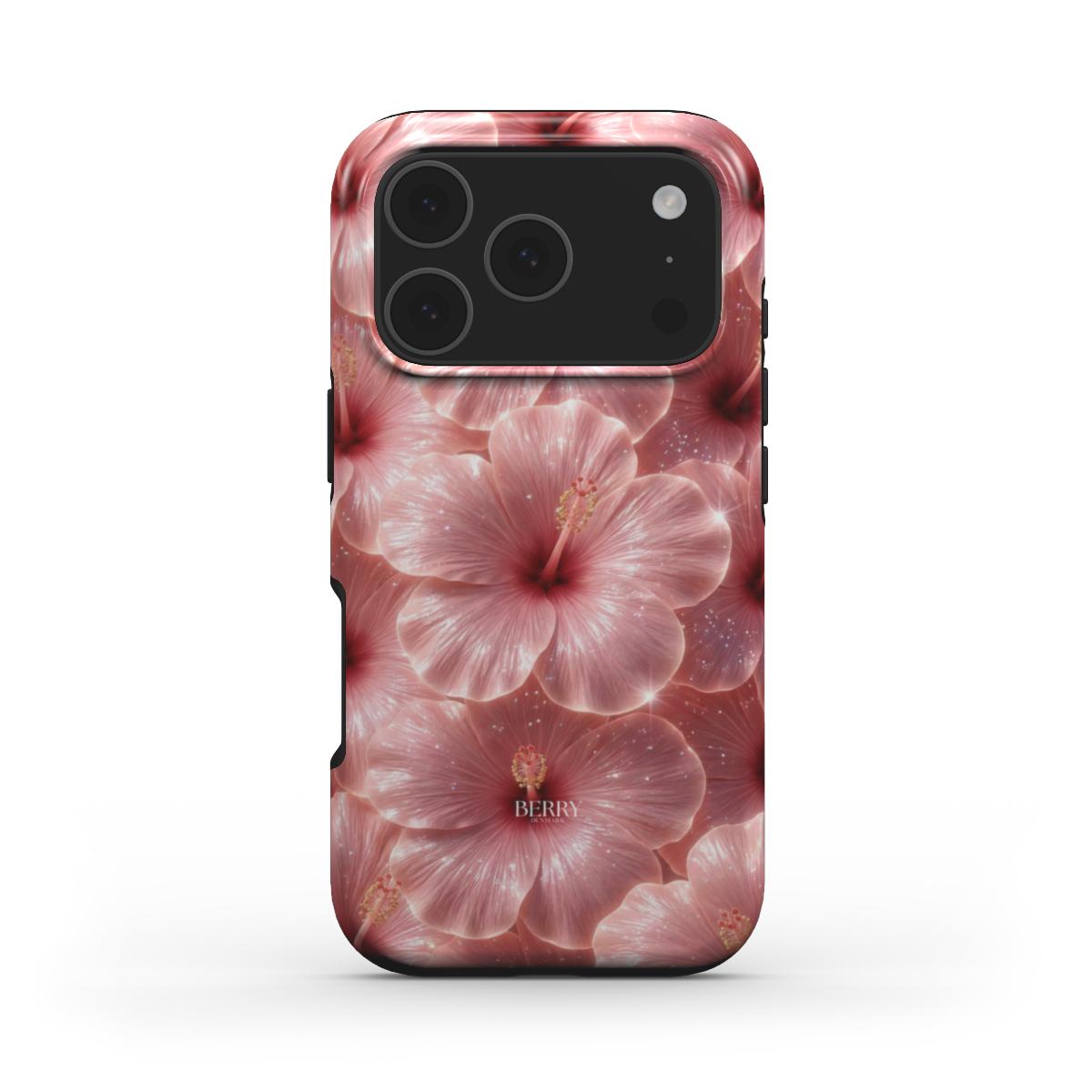 Trendy phone case with glossy pink and red hibiscus flowers in a feminine, multicolored floral pattern, perfect for a stylish and popular look.