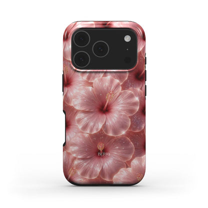 Trendy phone case with glossy pink and red hibiscus flowers in a feminine, multicolored floral pattern, perfect for a stylish and popular look.
