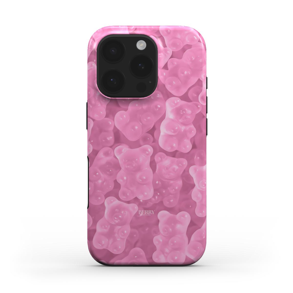 Trendy phone case with a vibrant pink gummy bear pattern, combining a playful and feminine aesthetic perfect for that girl vibe.