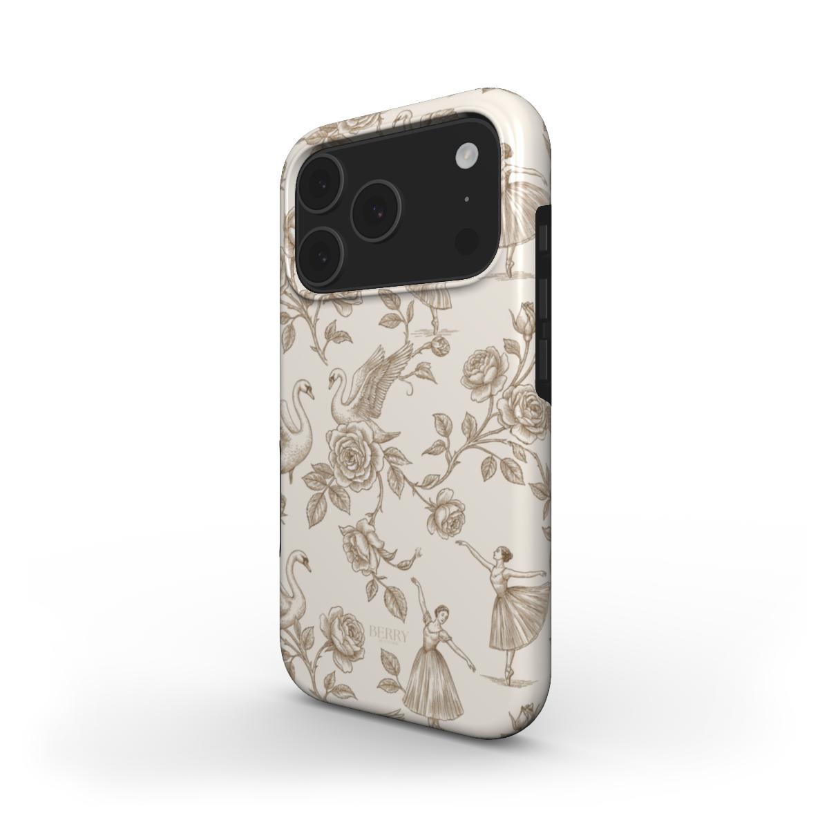 Trendy phone case with a feminine design featuring ballerinas, flowers, and swans in white, gold, brown, beige, and multicolor tones for an elegant look.