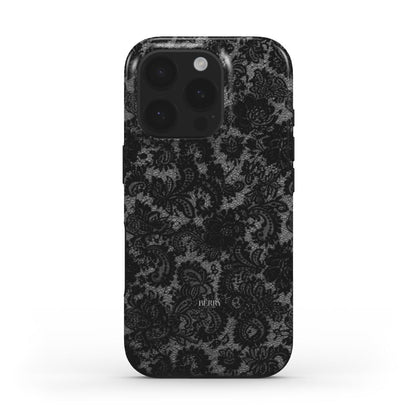 Trendy feminine phone case with an intricate black lace pattern, offering an elegant and beautiful design for a stylish, girly aesthetic.