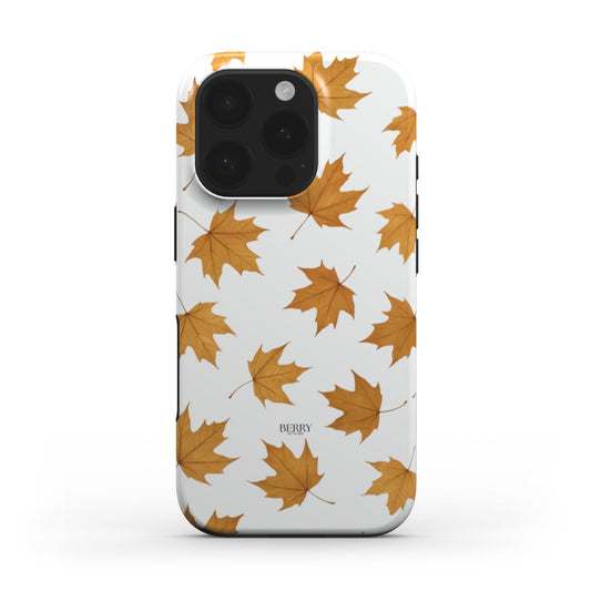 Trendy phone case in white with a beautiful pattern of brown and yellow autumn leaves, offering a feminine and popular Leaf Squad style.