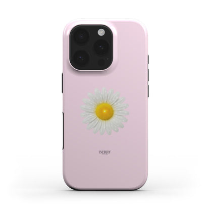 Trendy feminine phone case in soft pink with a bright yellow and white daisy design, perfect for that girly, aesthetic, and beautiful look.