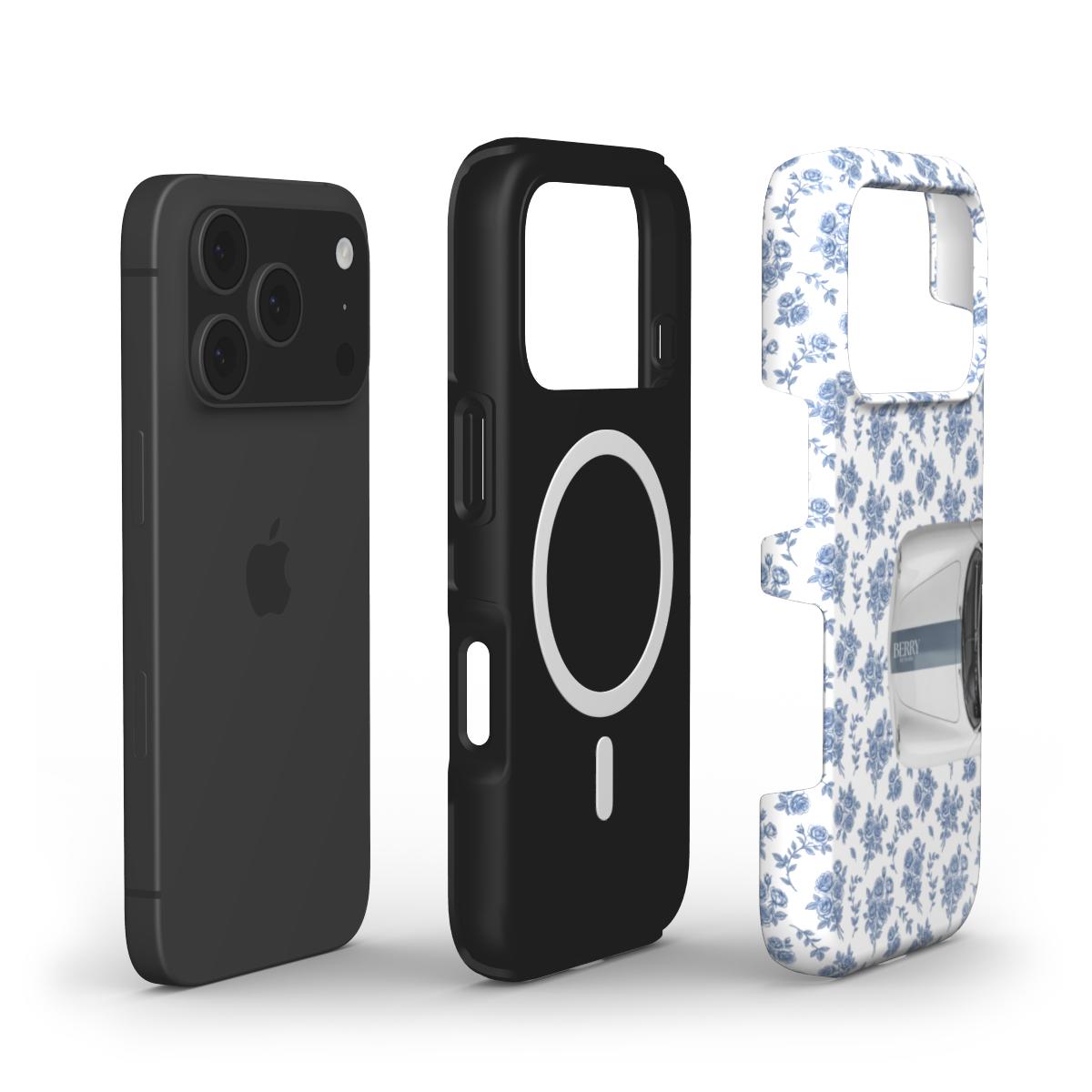 Trendy phone cases featuring a sleek black design and a feminine white, blue floral pattern with multicolor accents, reflecting a stylish, girly aesthetic.