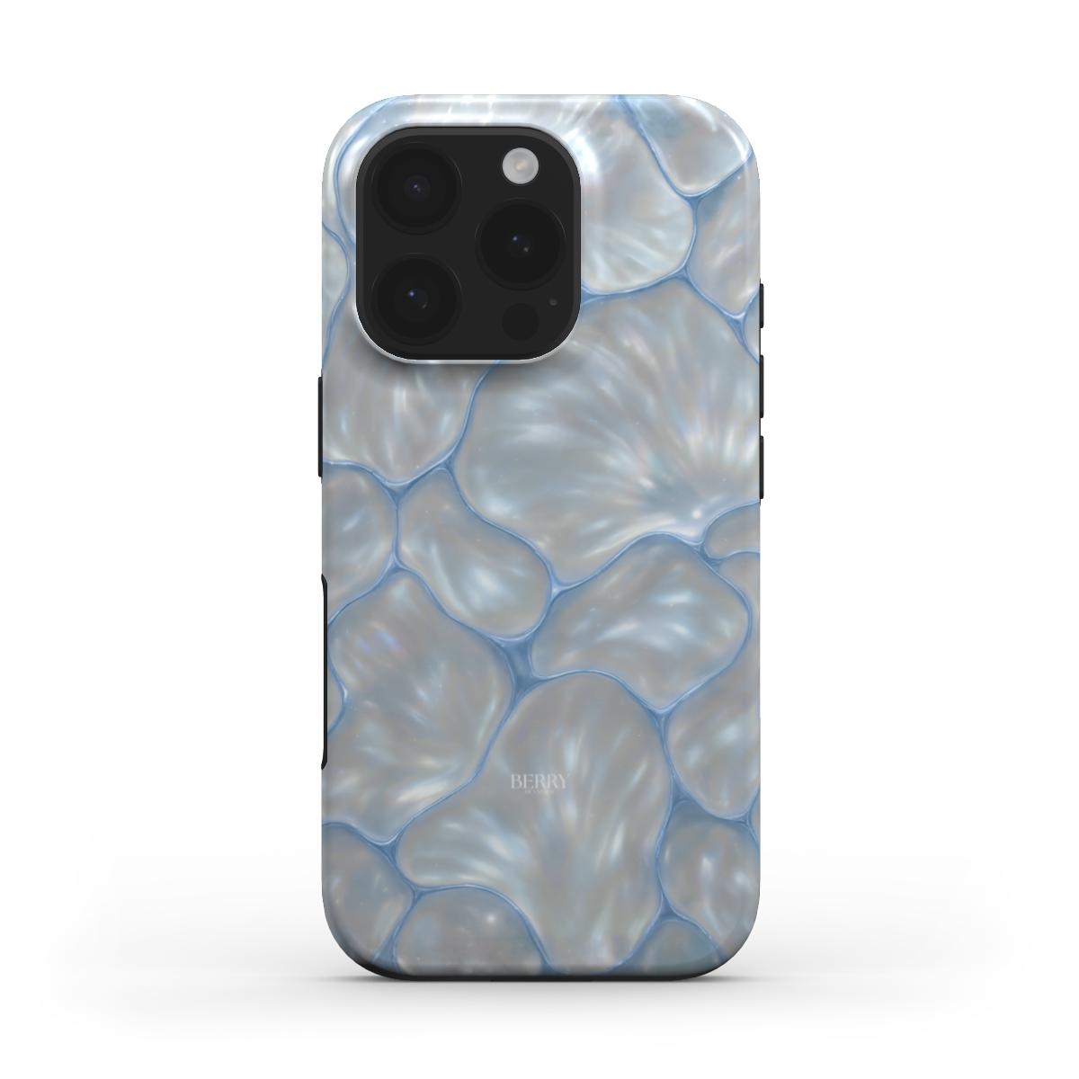 Trendy feminine phone case with an elegant, iridescent pattern resembling smooth, overlapping petals in soft blue and pearly white hues.