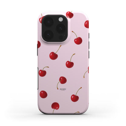 Trendy pink phone case with a playful cherry pattern, featuring a girly and feminine design perfect for a beautiful, aesthetic look.