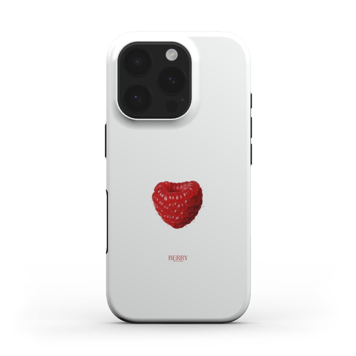 White phone case with a red raspberry heart design, featuring a feminine, trendy, and beautiful aesthetic for a popular girly style.