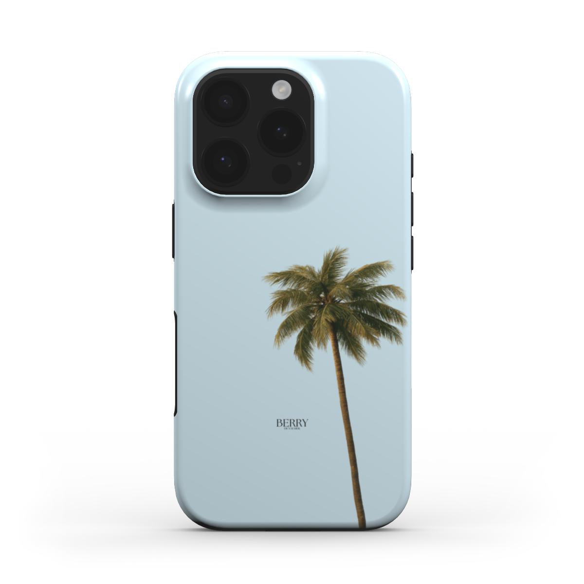 Trendy feminine phone case in blue with a minimalist palm tree design, featuring a beautiful blend of green and brown tones for an aesthetic, girly look.
