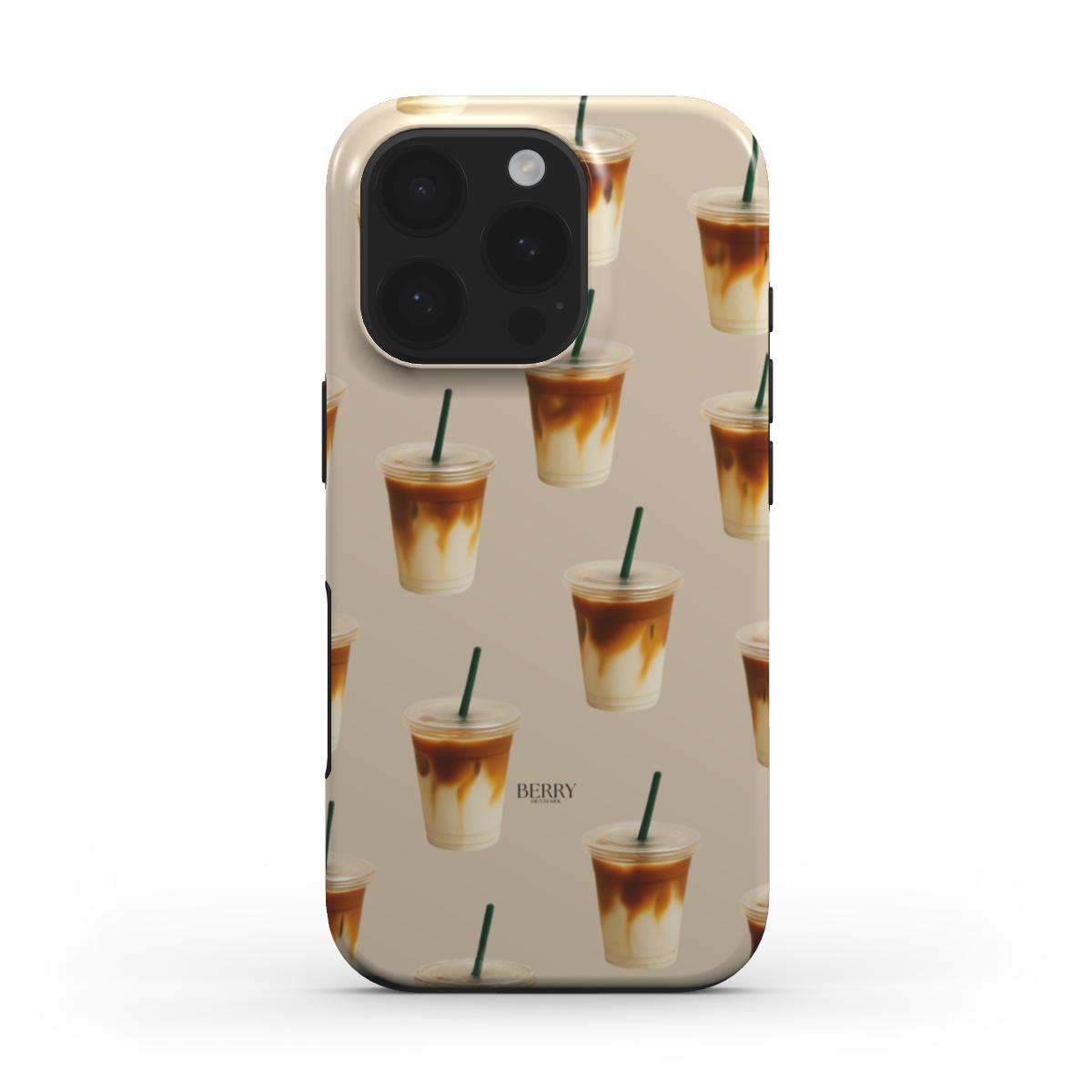 Trendy phone case with beige background featuring stylish iced latte cups in a girly, aesthetic pattern perfect for that feminine and popular look.