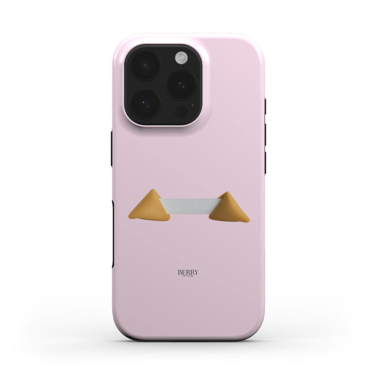 Trendy feminine phone case in soft pink featuring a unique fortune cookie design with gold, beige, and brown accents for a stylish, girly look.