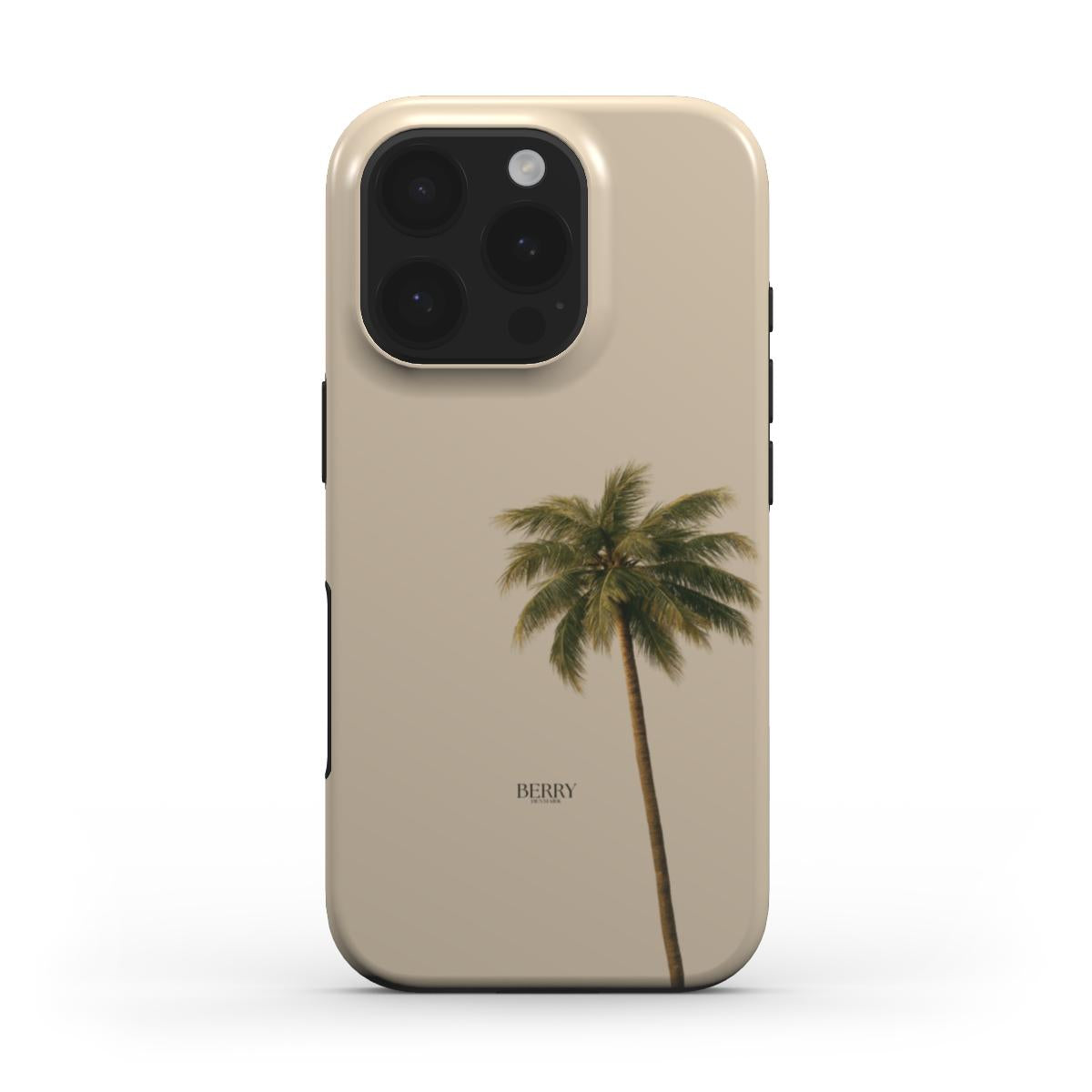 Trendy phone case in beige featuring a minimalist palm tree design, combining aesthetic and girly style with a soft, popular, feminine vibe.