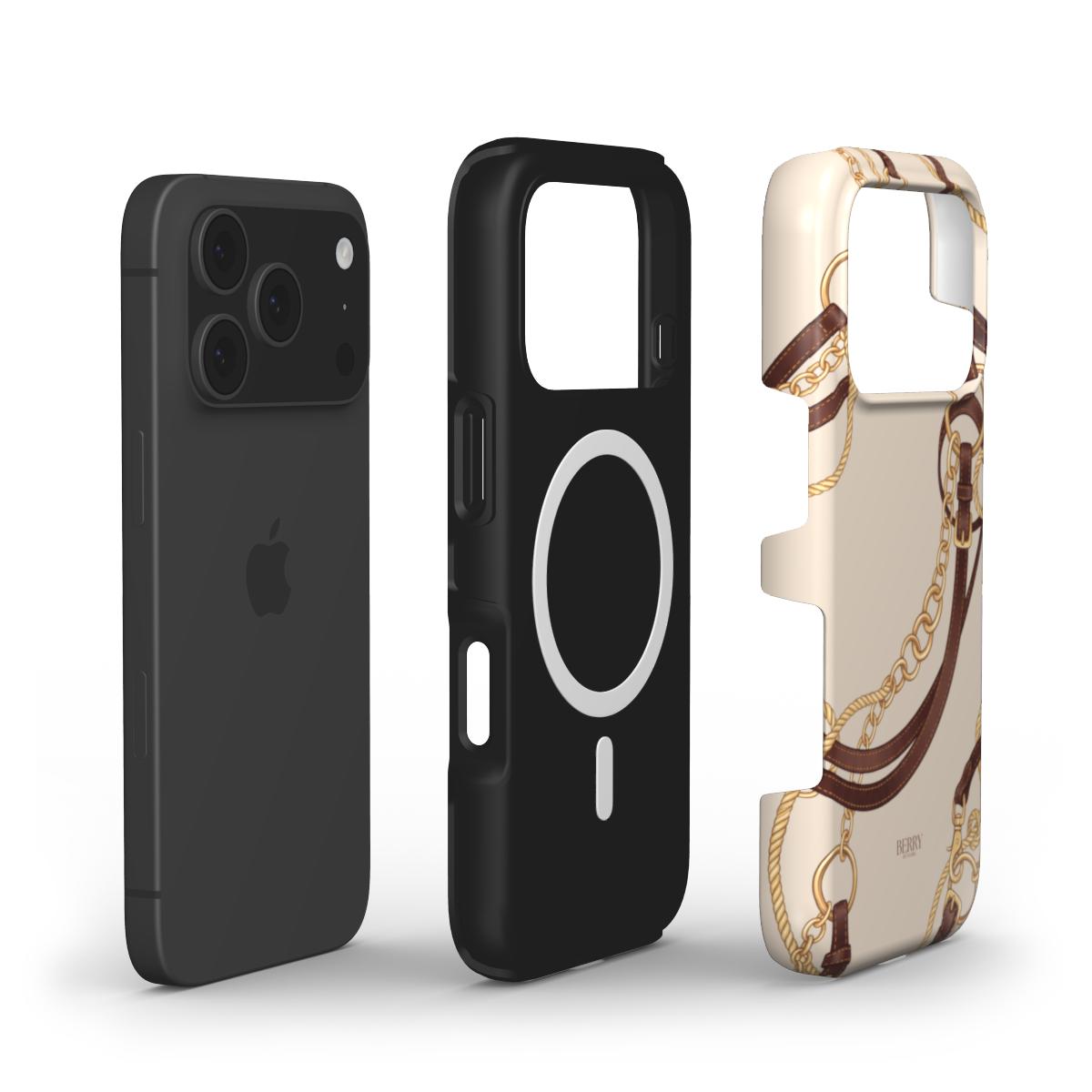 Trendy phone case with a feminine, multicolored design featuring gold, brown, and beige equestrian-inspired patterns for a stylish, beautiful look.