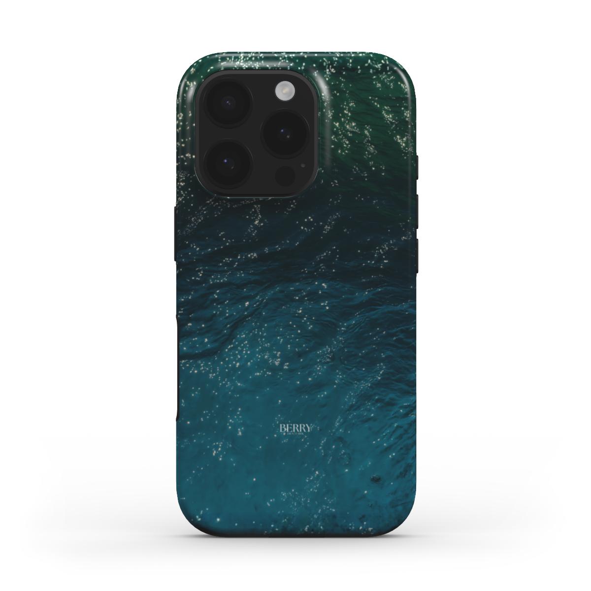 Trendy feminine phone case featuring a beautiful blue, green, and multicolor ocean-inspired pattern with a stylish and aesthetic vibe.