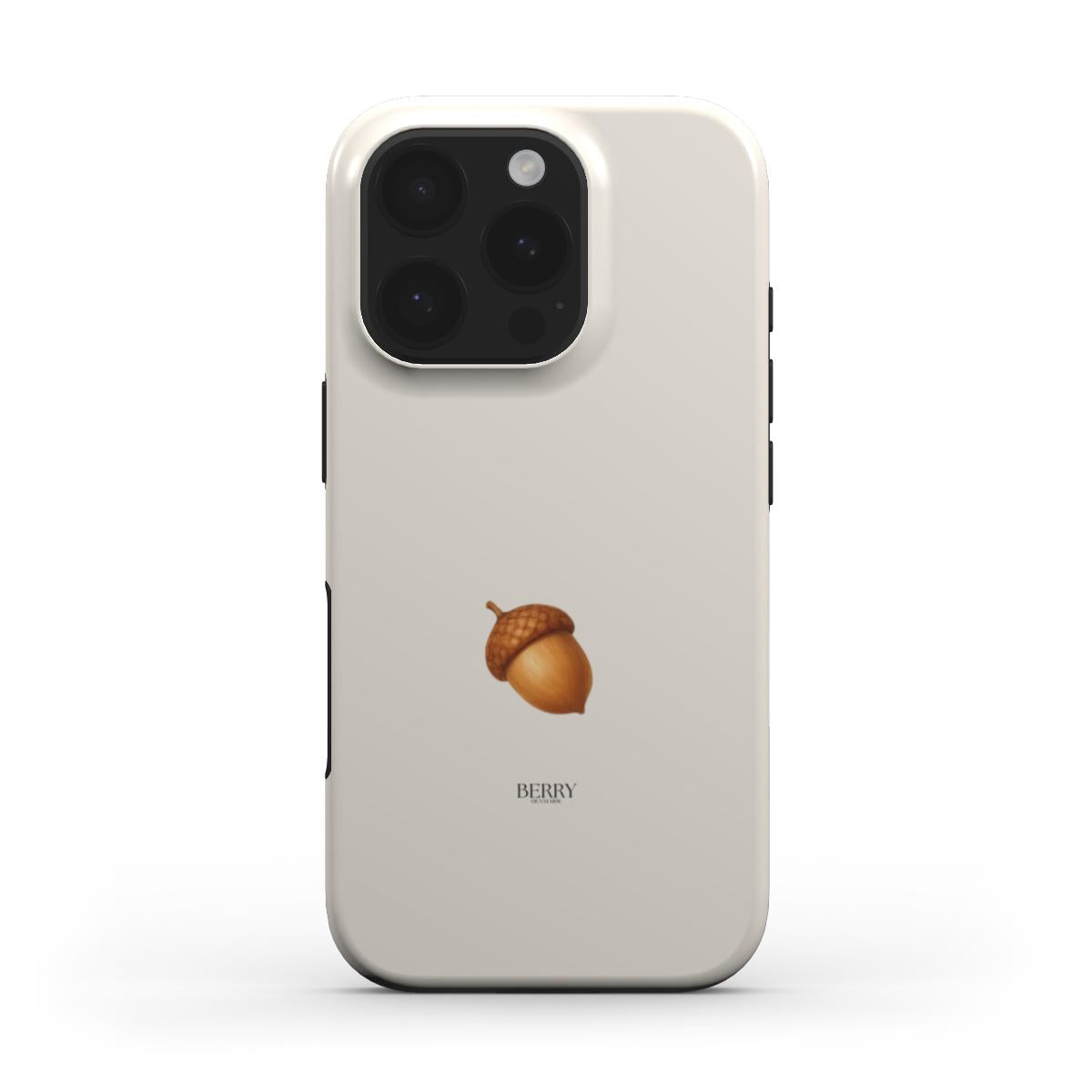 Trendy beige phone case with a minimalist brown acorn design, combining girly charm and subtle elegance for a stylish, feminine look.