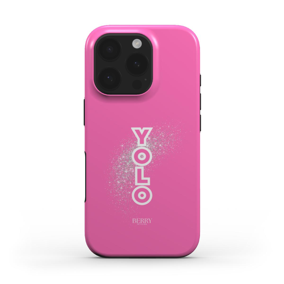 Trendy pink phone case with feminine white and flerfarvet glitter design featuring bold YOLO text, combining aesthetic and popular girly style.