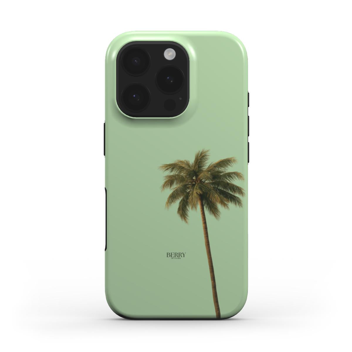 Trendy feminine green phone case with a stylish palm tree design in beige and brown tones, radiating an aesthetic and beautiful vibe.