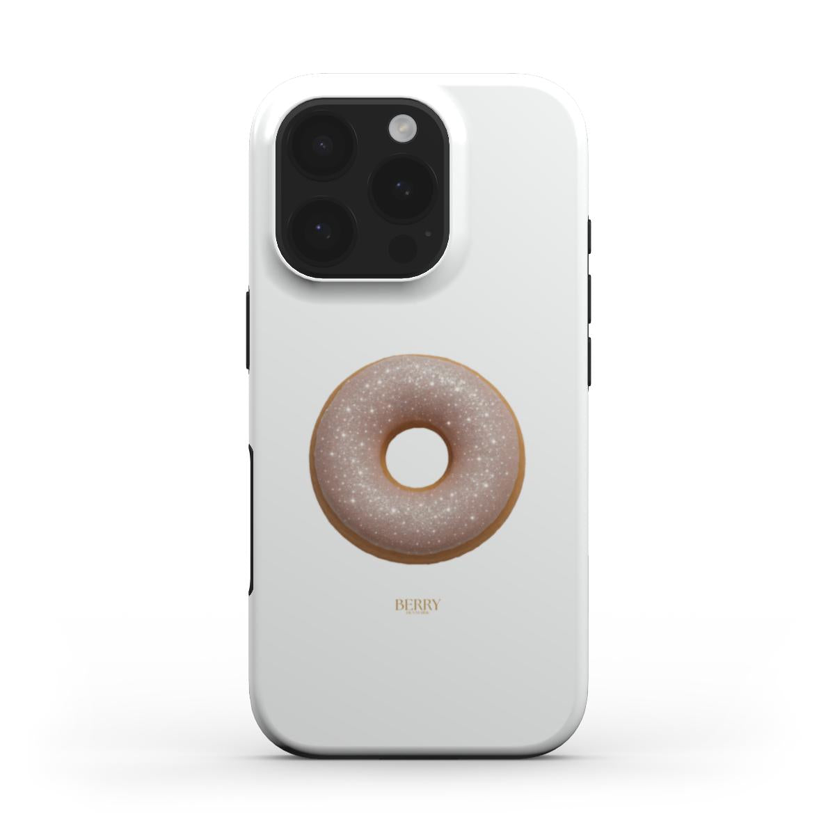 Minimalist white phone case with a trendy, feminine donut design featuring subtle sparkles for a stylish and popular aesthetic look.