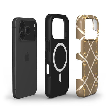 Trendy phone case with multicolored, gold, brown, and beige patterns featuring a stylish golden buckle design for a feminine and beautiful look.